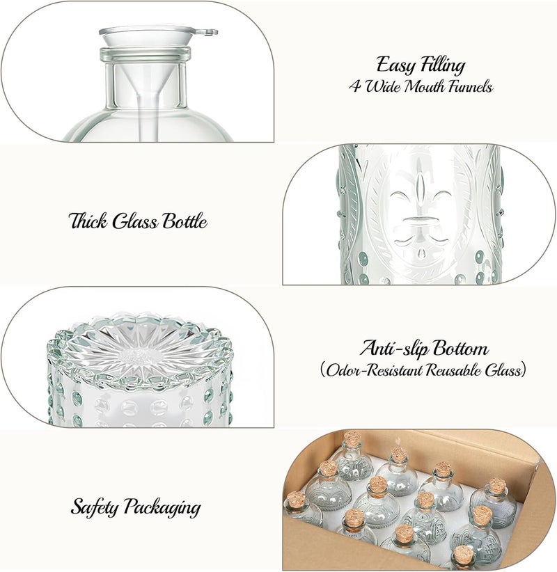 TBWIND 12 Pack 6oz Glass Bottles with Cork Stoppers, 200ml Clear Glass Liquor Bottles with 4 Vintage Patterns, Refillable Whiskey Bottles for Wine, Oil, Vinegar, Kombucha, Wedding Favors - Image 4